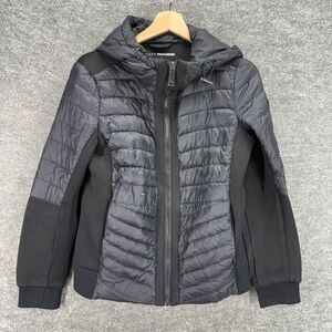 DKNY Quilted Jacket Women S Small Black Full Zip Hooded Long Sleeve Pockets Down